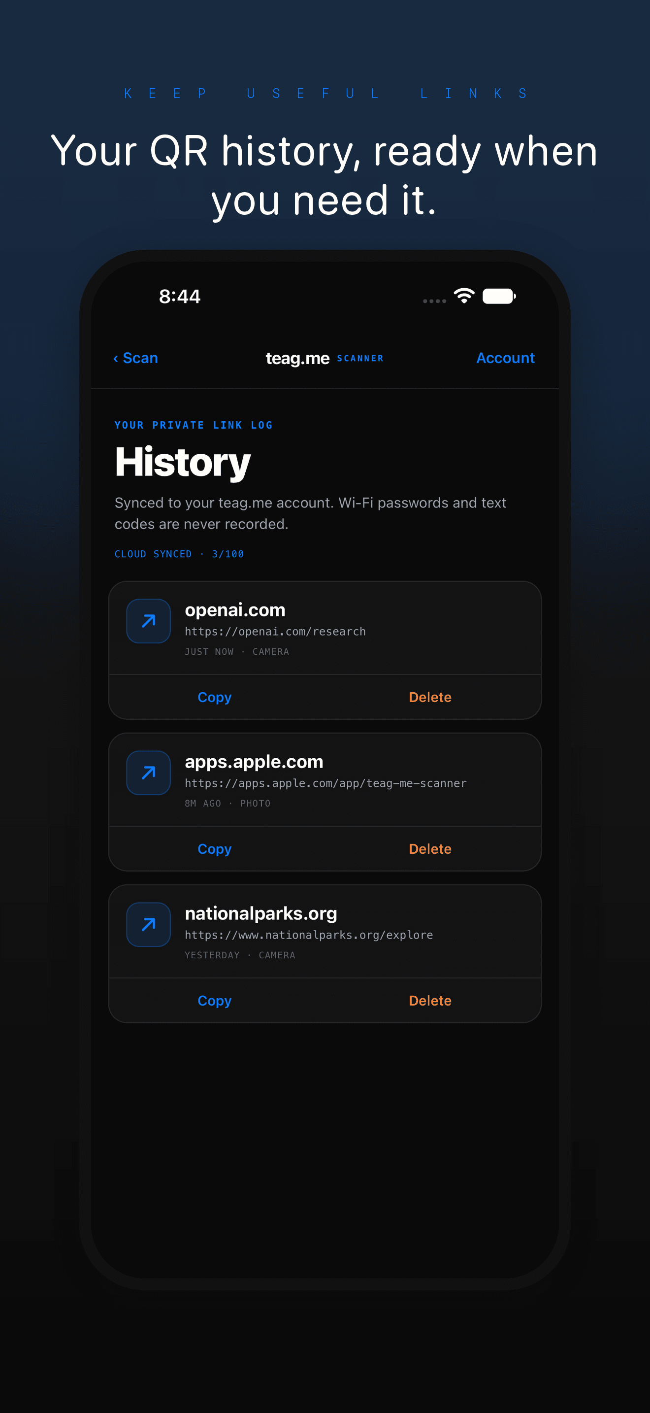 QR Code by teag.me URL history synced to teag.me