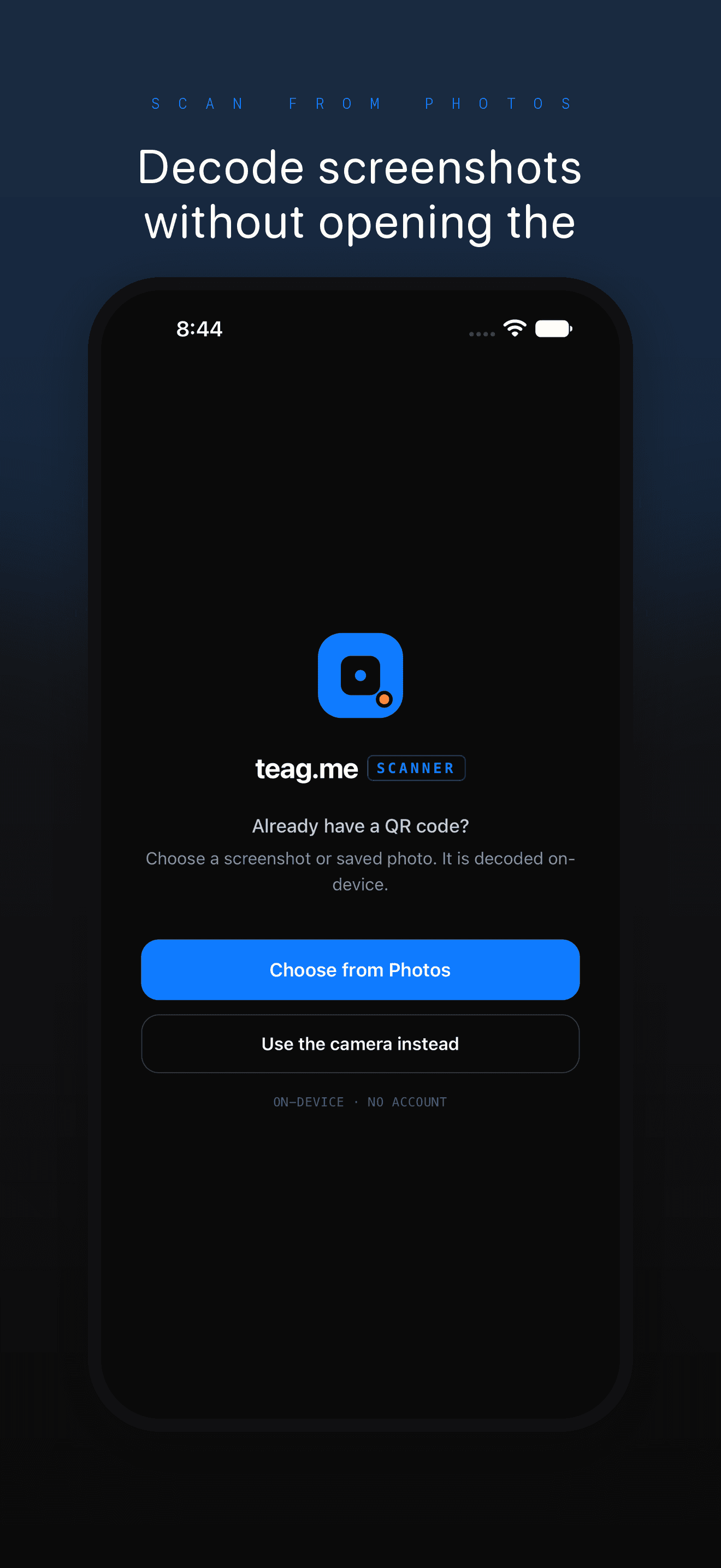 QR Code by teag.me decoding a QR code from Photos