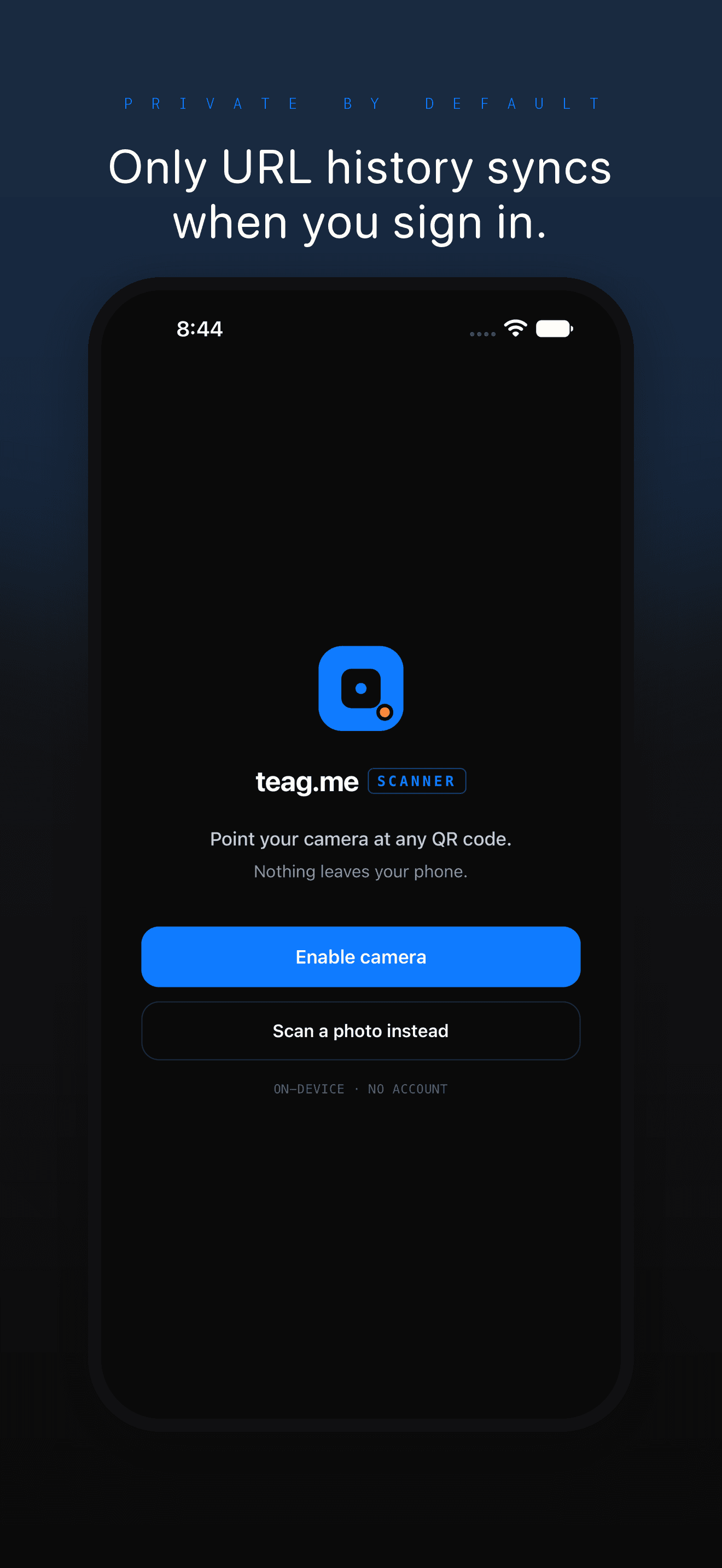 QR Code by teag.me camera permission screen